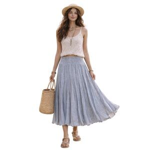 Chelsea & Theodore Blue Gored  Chambray Midi Skirt | Rustic Festival | Large